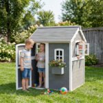 Outdoor Wooden Playhouse for Kids with Floor, Door, Windows, Planter Box for 3-8 Years Old, Backyard, Lawn, Garden - Image 2
