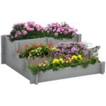 3 Tier Raised Garden Bed, Water Draining Fabric for Soil, Elevated Wood Flower Box for Vegetables, Herbs, Gray