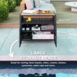 Outdoor Storage Cabinet with Acacia Wood Top, Two Doors, Shelf, Wicker Bar Table for Pool Towel Storage, Black - Image 4