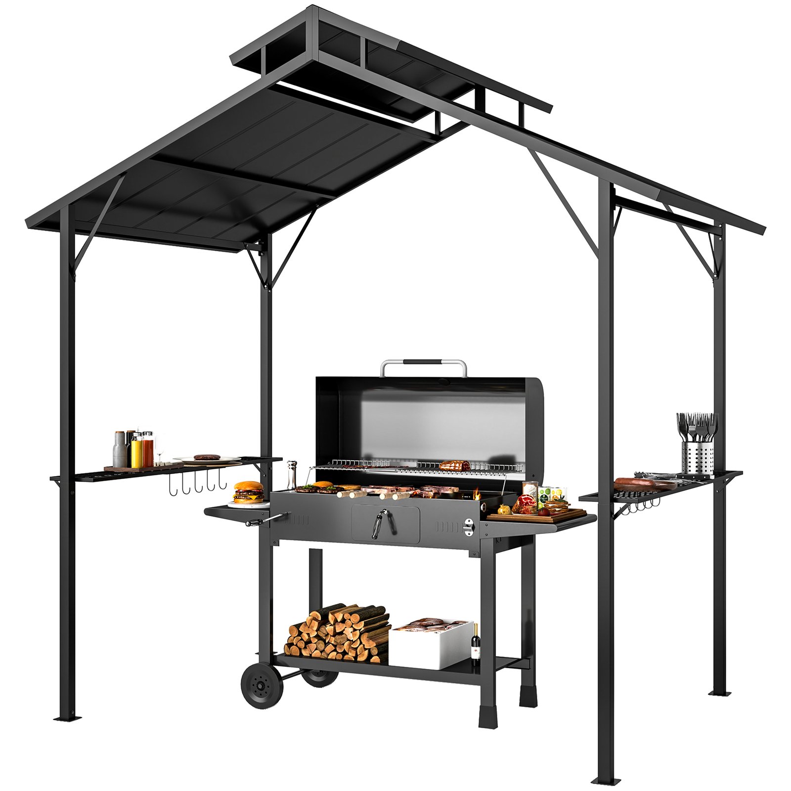 Grill Gazebo 8 x 5ft Hardtop Grill Gazebo with Double Metal Roof, 2 Side Shelves and 10 Hooks for Patio Backyard Lawn Deck - Image 1