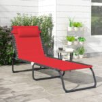 Folding Chaise Lounge Pool Chair with 4-Position Reclining Back, Pillow, Breathable Mesh & Bungee Seat, Wine Red - Image 2