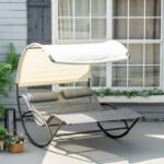 Outdoor Double Chaise Rocking Chair, Day Bed Sun Lounger with Canopy Shade, Headrest Pillow, Armrests for Garden, Poolside, Light Gray - Image 2