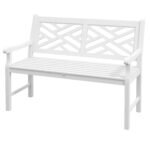 Outdoor Garden Bench, Wooden Frame Patio Bench with Geometric Pattern, 43.25 Inch Weatherproof 2-Person Love Seat for Garden, Lawn, Porch, Yard, Work Entryway, White