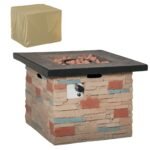32 Inch Outdoor Propane Gas Fire Pit Table, 50,000 BTU Auto-Ignition Square Faux Ledge Stone Gas Firepit with Lava Rocks and Rain Cover, CSA Certification, Brown