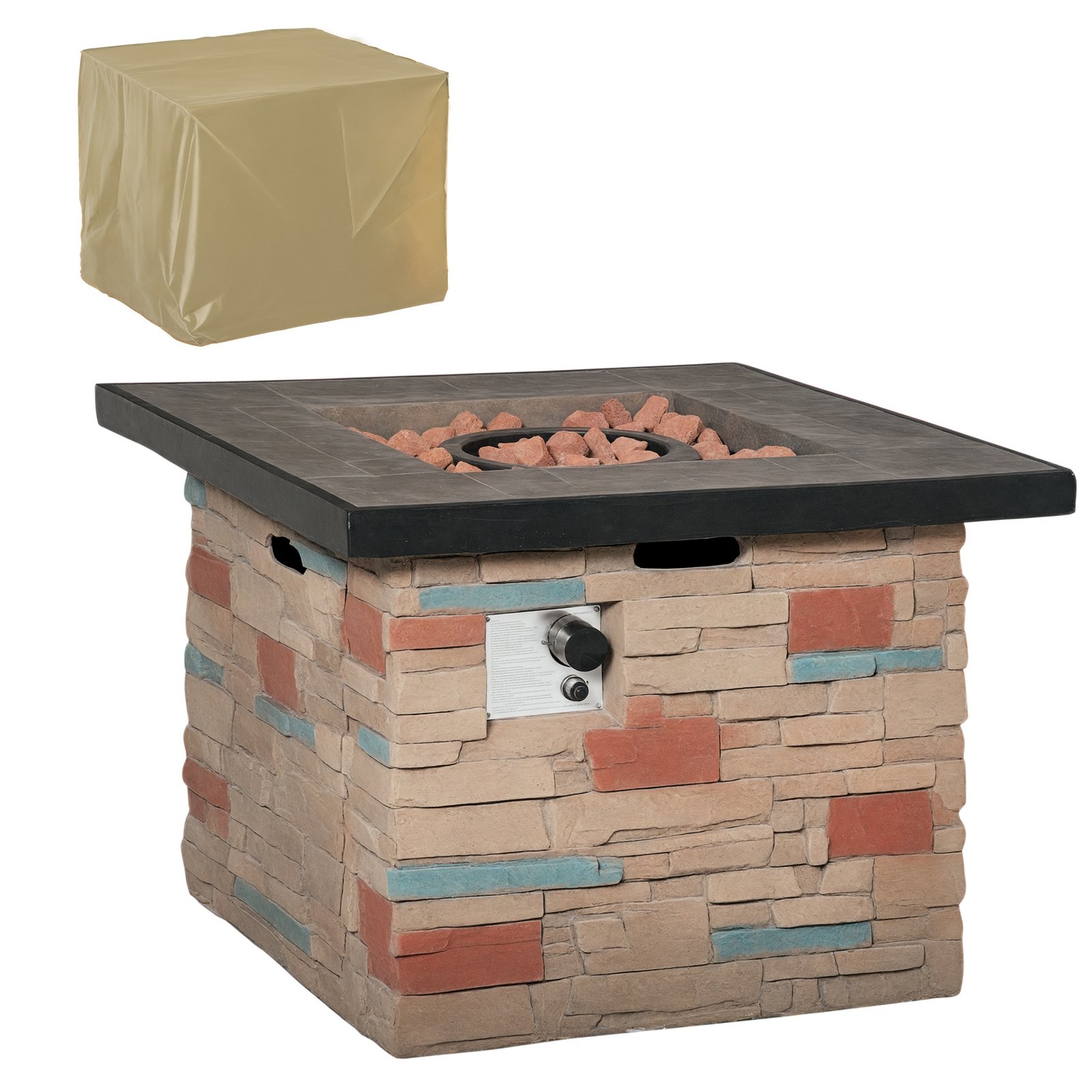 4QXdbf1980d8d85d5.jpg 32 Inch Outdoor Propane Gas Fire Pit Table, 50,000 BTU Auto-Ignition Square Faux Ledge Stone Gas Firepit with Lava Rocks and Rain Cover, CSA Certification, Brown - Image 1