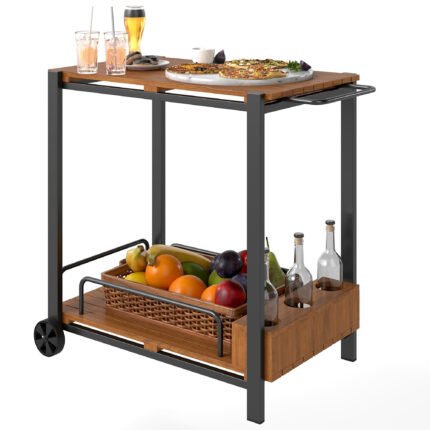 Acacia Wood Outdoor Bar Cart with Wheels
