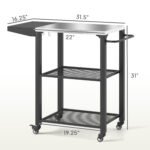 Three-Shelf Outdoor Grill Cart Table with Foldable Side Table, Stainless Steel Top Pizza Oven Stand with Hooks, Silver - Image 3