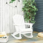 Wooden Adirondack Rocking Chair Outdoor Lounge Chair Fire Pit Seating with Slatted Wooden Design, Fanned Back, White - Image 2