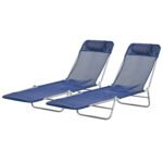 2 Piece Sun Loungers, Folding Chaise Lounge Chairs with Reclining Back, Breathable Mesh Seat, Headrest, Dark Blue