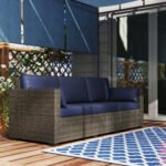Patio Couch PE Wicker Deep Seating Outdoor Sofa with Removable Cushions, 3 Seater Rattan Sofa, Outdoor Furniture for Balcony, Deck, Garden and Poolside, Navy Blue - Image 7