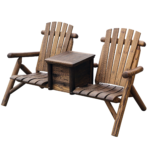 Double Wooden Adirondack Chair with Ice Bucket, Outdoor Loveseat with High Backrest, Smooth Armrest, Rustic Brown