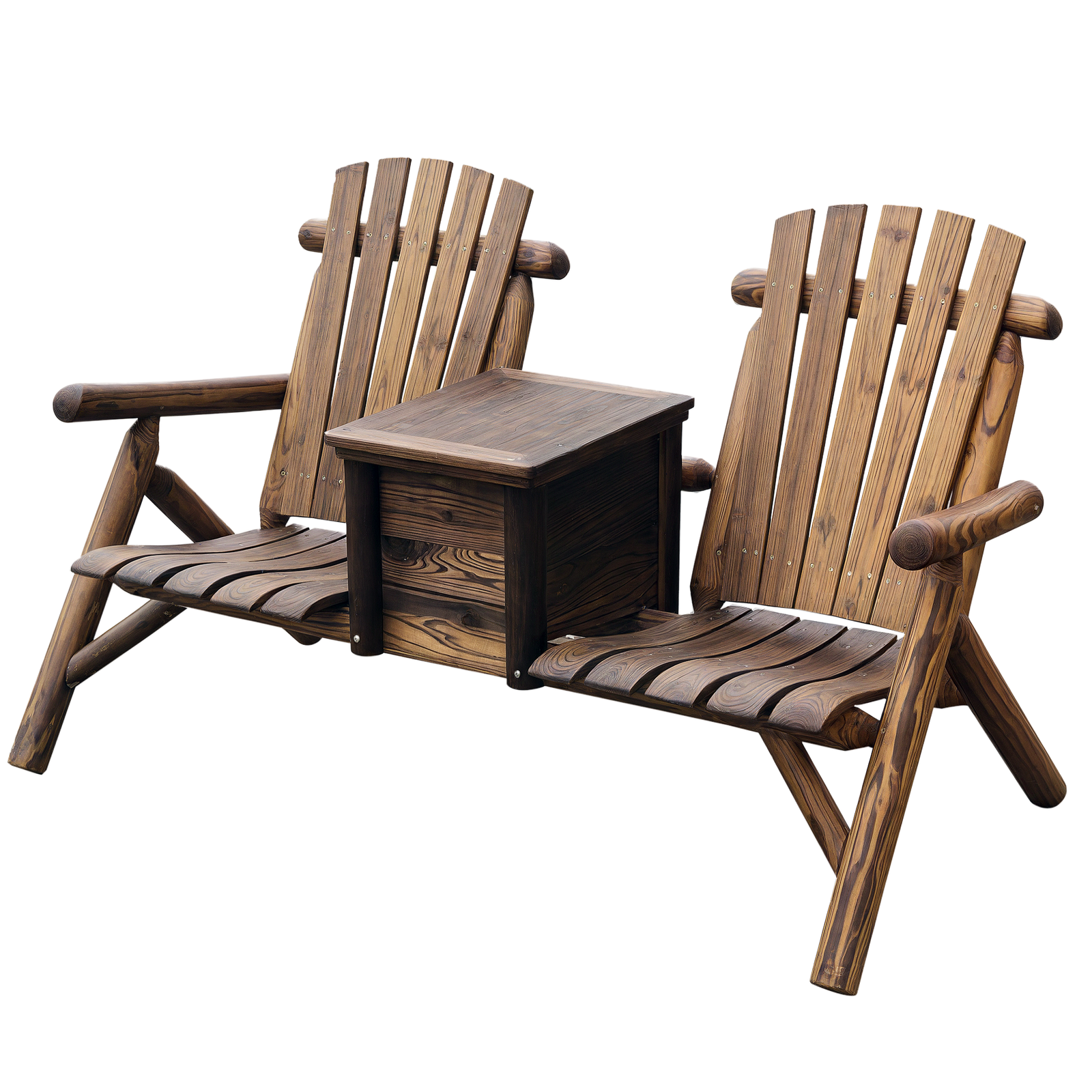 4iu3fc197816b0cad.png Double Wooden Adirondack Chair with Ice Bucket, Outdoor Loveseat with High Backrest, Smooth Armrest, Rustic Brown - Image 1