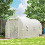 Hoop House Greenhouse, Walk-in Tunnel Greenhouse with 2 Support Rods, Zippered Roll-up Mesh Door, 14.6'x6.5'x6.6', White - Image 2
