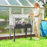 Elevated Garden Box with Greenhouse Cover, Raised Garden Bed with Legs and Drainage Hole for Vegetables, Dark Gray - Image 3