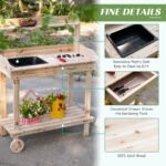 36" Wooden Potting Bench Work Table with 2 Removable Wheels, Garden Workstation with Removable Sink, Drawer & Large Storage Spaces, Natural - Image 5