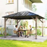 10' x 12' Hardtop Gazebo with Galvanized Steel Roof, UPF50+ Wood Permanent Pavilion with Clear Roof Top, Light Walnut - Image 2