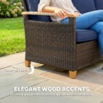 3 Seater Outdoor Couch Sofa, PE Wicker Patio Sofa, Wide Deep Seat, 4" Cushions, Wood-Effect Armrests Legs, Dark Blue - Image 8