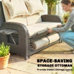 Patio Rattan Daybed, Wicker Outdoor Daybed with Storage Ottoman, Loveseat w/ Adjustable Backrest, Beige - Image 8