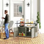 2-Tier Shelf PE Rattan Outdoor Bar Table, Glass Top Outdoor Serving Cart with Cabinet, Mixed Gray - Image 2