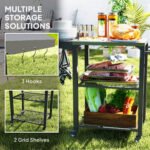 Three-Shelf Outdoor Grill Cart Table with Foldable Side Table, Stainless Steel Top Pizza Oven Stand with Hooks, Silver - Image 6