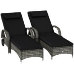 2 Reclining Chaise Lounge Chairs, Rolling Outdoor Chairs with Cushion, Pillow, Headrest, Armrests, and Wheels, Black
