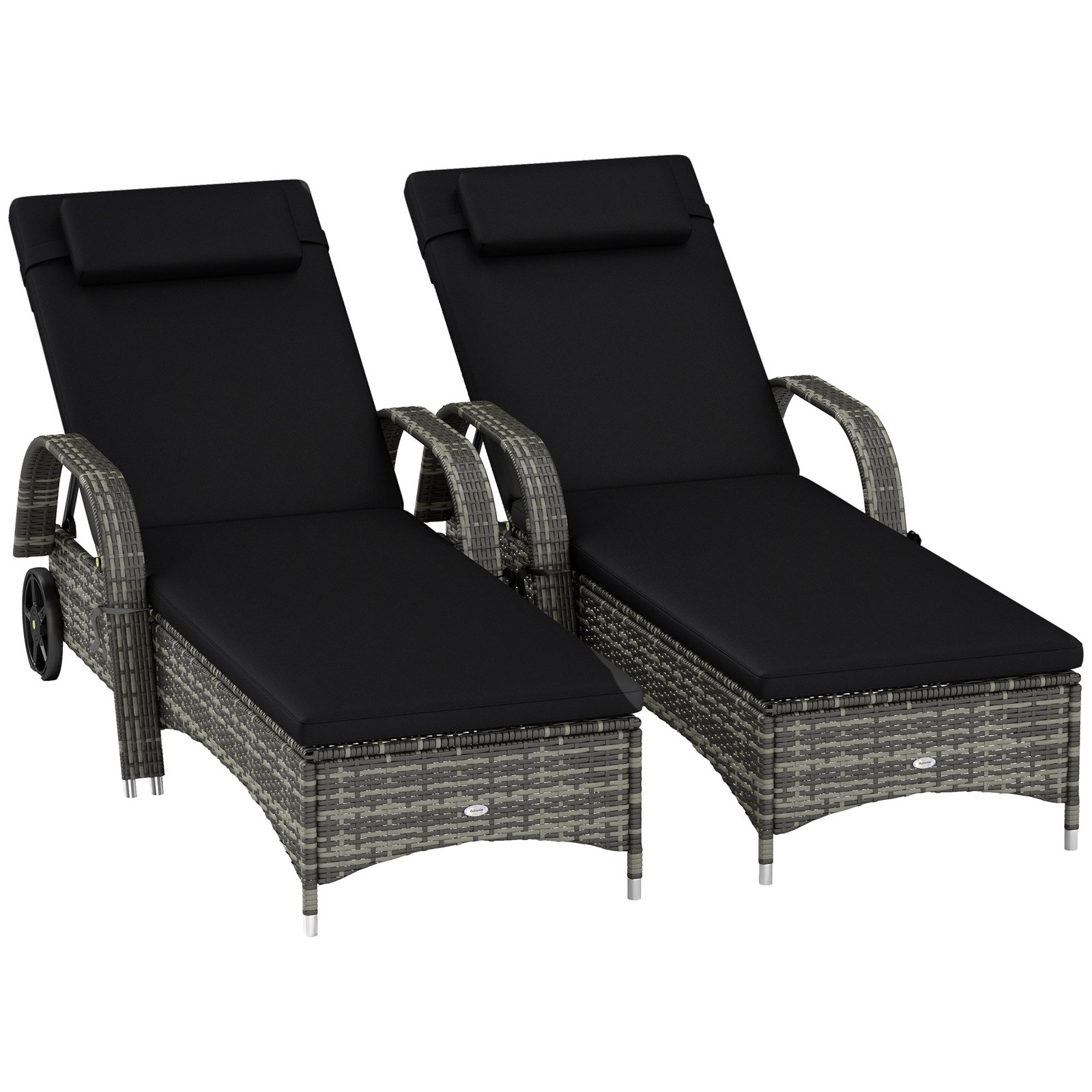 5KQed9194957a995e.jpg 2 Reclining Chaise Lounge Chairs, Rolling Outdoor Chairs with Cushion, Pillow, Headrest, Armrests, and Wheels, Black - Image 1