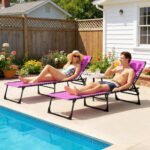 2 Folding Chaise Lounge Pool Chairs with 4-Position Reclining Back, Pillow, Breathable Mesh & Bungee Seat, Purple - Image 2
