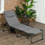 Folding Chaise Tanning Lounge Chair w/ 5-level Reclining Back, Reading Hole, Side Pocket, Headrest, Gray - Image 2