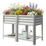 Raised Garden Bed Galvanized Steel, Elevated Planter Box with Storage Shelf, Bed Liner, 31.5" High, Silver