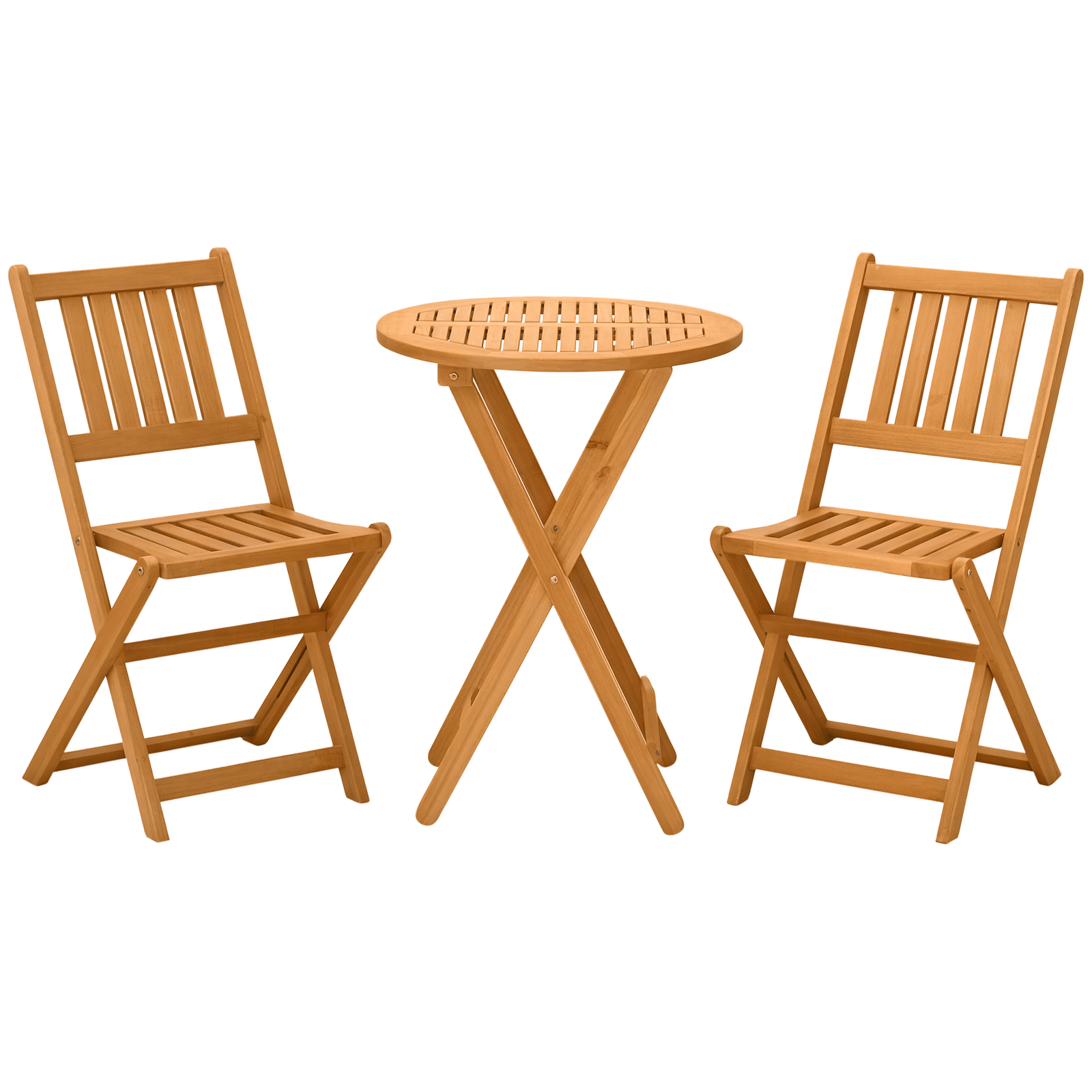 5Y48481978247f4bf.png 3-Piece Acacia Wood Bistro Set, Folding Patio Furniture with 2 Folding Chairs and Round Coffee Table, Teak, Slatted Finish, for Backyard, Balcony, Deck, Natural - Image 1