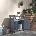 Outdoor Wooden Potting Bench with Storage Cabinet, Aluminum Tabletop, Rubber Wheels for Backyard, Patio, Balcony, Gray - Image 2