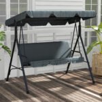 3-Seat Outdoor Patio Swing Chair w/ Cushion, Steel Frame Stand, Adjustable Tilt Canopy for Patio, Garden, Gray - Image 2