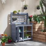 Wooden Potting Bench with Storage, Aluminum Tabletop for Backyard, Patio, Balcony, Gray - Image 2