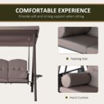 3-Seat Patio Swing Chair, Outdoor Porch Swing Glider with Adjustable Canopy, Removable Cushion, Pillows and Side Trays, for Garden, Poolside, Backyard, Brown - Image 6