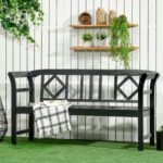 Wooden Patio Bench, Outdoor Garden Bench with Backrest and Armrests, 3 Person Porch Bench with Rustic Country Diamond Pattern, Black - Image 2