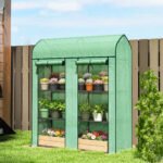 3 Tier Mini Greenhouse, Small Portable Greenhouse with 2 Roll-up Doors, 56.3" x 18.1" x 65", Green - Image 2
