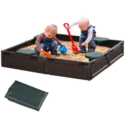Kids Outdoor Sandbox with Cover Garden Bed, Easy Assembly for Backyard, Brown, 49" x 49" x 9"