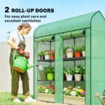 3 Tier Mini Greenhouse, Small Portable Greenhouse with 2 Roll-up Doors, 56.3" x 18.1" x 65", Green - Image 6