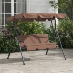 Large Family Swing Set, 3-Seat Adjustable Canopy Swing Bench with Cushion, Steel Frame Stand for Patio, Garden, Family Use, Brown - Image 2