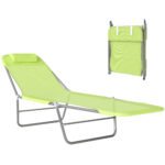 Folding Chaise Lounge Pool Chairs, Outdoor Sun Tanning Chairs with Pillow, Reclining Back, Steel Frame & Breathable Mesh for Beach, Yard, Patio, Green
