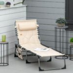 Padded Folding Chaise Lounge Chair, Outdoor 6-Level Reclining Camping Tanning Chair with Headrest for Beach, Yard, Patio, Pool, Beige - Image 2