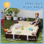 Kids Sandbox with Cover, 4 Corner Seats, Bottom Liner for Backyard, Garden, Outdoor, 73" x 47" x 9", Dark Brown - Image 4