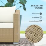 Rattan Wicker 3 Seater Patio Couch with Cushions, 2 Throw Pillows, Outdoor Furniture Rattan Sofa, Cream White - Image 4
