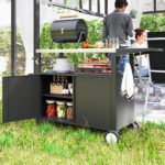 Outdoor Grill Cart Table with Stainless Steel Top, Movable Pizza Oven Table with Foldable Side Table, Wheels - Image 2