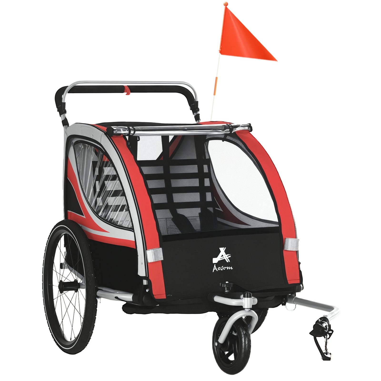 7I6a971980924b1af.jpg 2-in-1 Walk/Ride Child Baby Bike Trailer for Kids 2 Seater, High-Visibility Bike Stroller for Toddler Wagon, Weather-Strong Double Bicycle Trailer Accessory, Red - Image 1