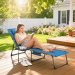 Folding Outdoor Chaise Lounge Chair Tanning Chair with 5-Level Adjustable Back, Side Table, Pillow, Pocket, Blue - Image 2