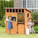 Wooden Playhouse for Kids Outdoor with Working Door, Windows, Mailbox, Bench, Flowers Pot Holder, 48" x 42.5" x 53" - Image 2