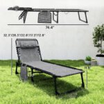 Folding Chaise Lounge Chair Outdoor, Sun Tanning Chair with Side Pocket, Carrying Strap, Portable Patio Beach Lounger with 5-Position Reclining Back, Headrest for Pool, Camping, Yard, Gray - Image 3
