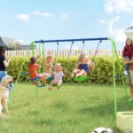 Metal Swing Set with Glider, Two Swing Seats and Adjustable Height, Outdoor Heavy Duty A-Frame Suitable for Playground, Backyard, Green - Image 2