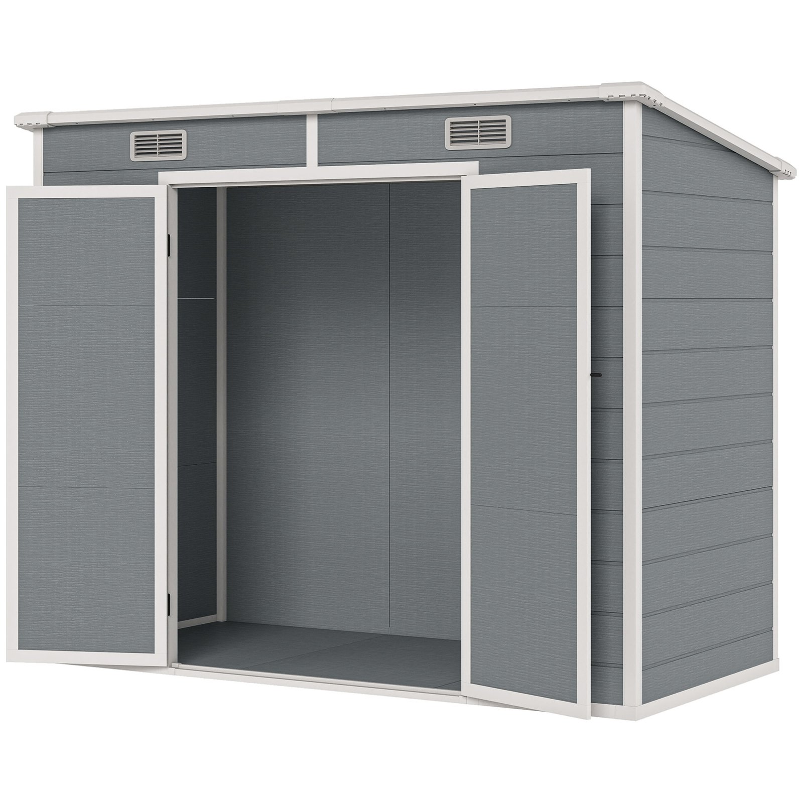 7Ue67419cdb89392d.jpg 8' x 4' Plastic Outdoor Storage Shed with Floor, Window, Lockable Doors and Vents for Backyard Patio Lawn, Gray - Image 1